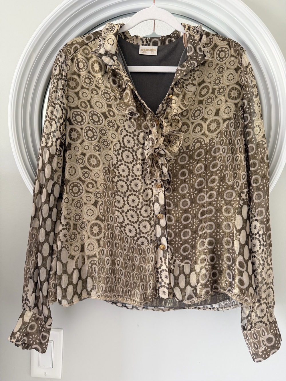 100% Silk Vintage Taupe Geometric Print Eugen Klein Blouse